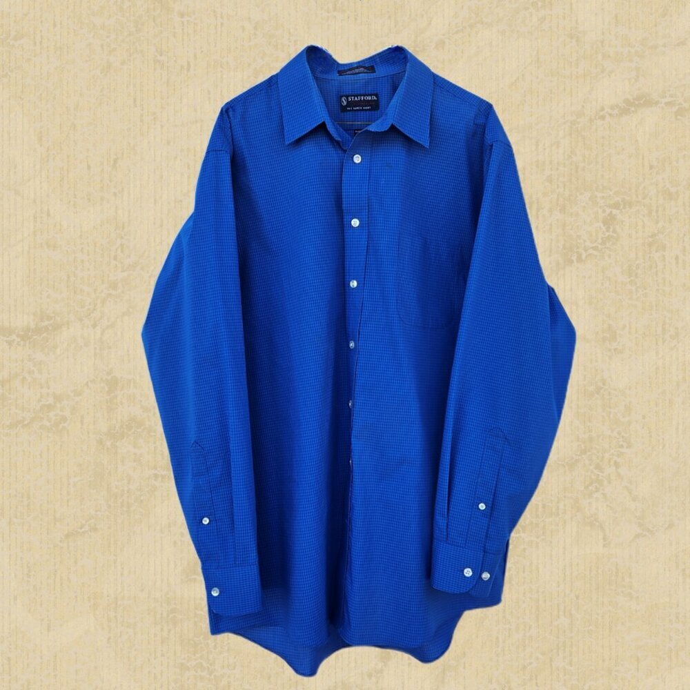 Men's Stafford Performance Super Shirt Blue Check Dress Shirt - Size 17 - 34/35